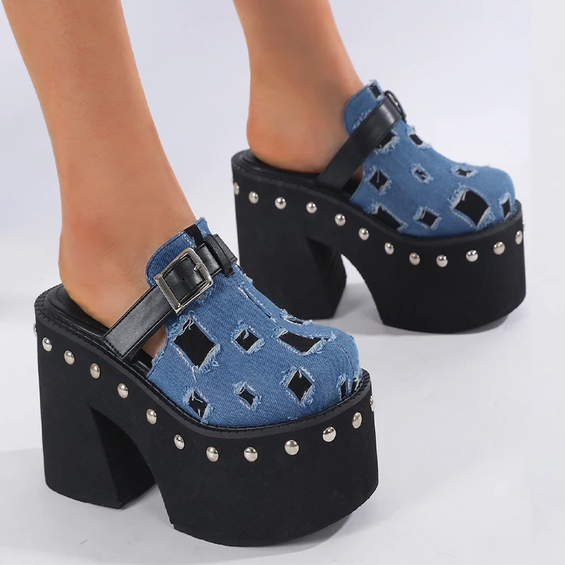 

New Punk Denim Platform Ankle Boots Sandal Color Blocking Rivet Ultra High Heels Fashion Booties Women Shoes Plus Size 35-43