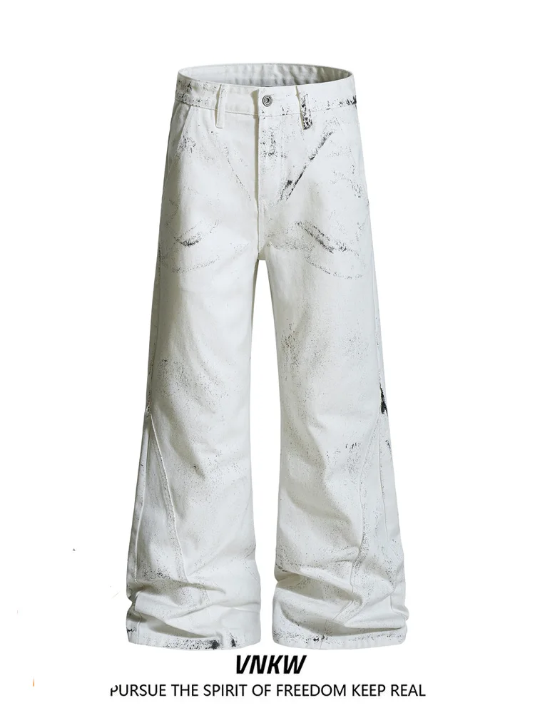 

Punk Subculture Splashed Ink Micro Flared Straight Leg Jeans Unisex Cleanfit Vintage Washed Workwear Long Trousers