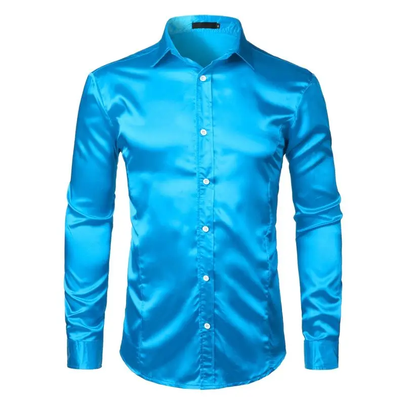 Camisa de manga comprida de cetim de seda masculina, camisas lisas brilhantes, monocromáticas, slim fit, outono, XXL