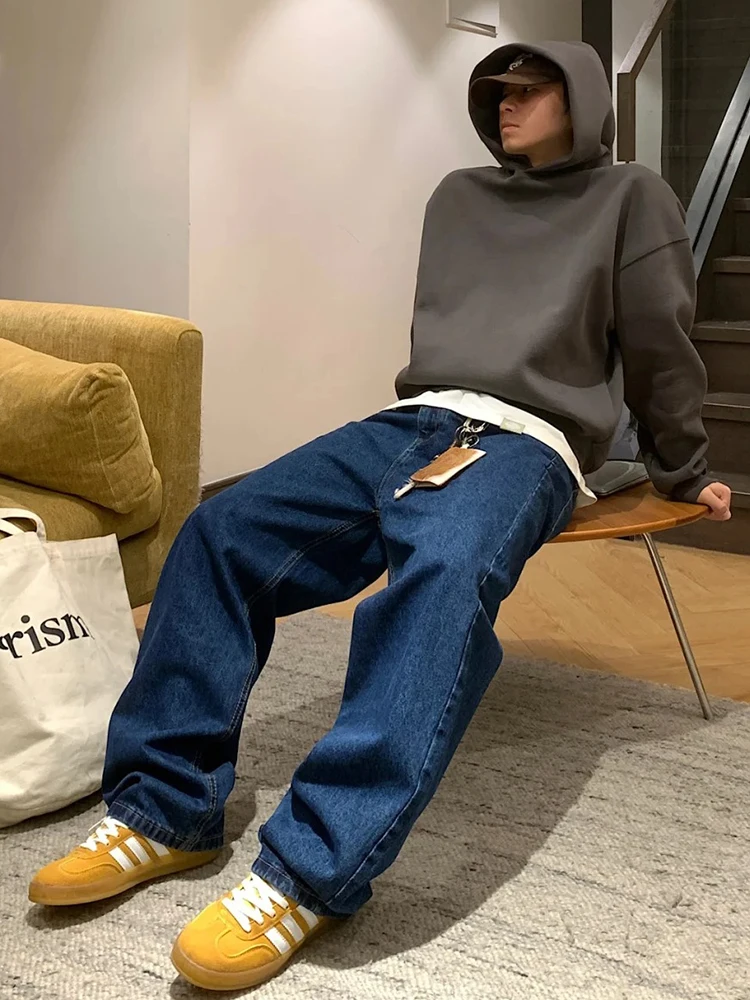 

Retro Deep Blue Pure Color Wide Leg Jeans American Retro Cleanfit Loose Casual Straight Leg Long Trousers Trendy Youth Jeans