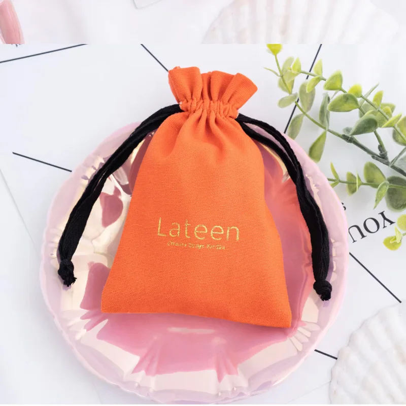 Custom Logo High Quality Small Canvas gift bag  Jewelry Cotton drawstring Pouch Black Orange Muslin Dust Sack