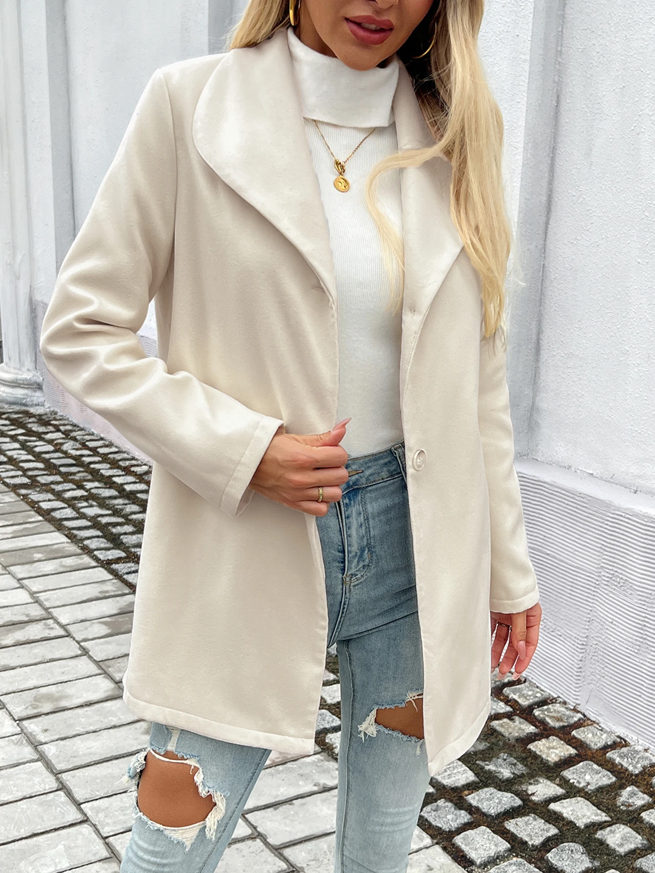 Women's Coat Fashion Single Breasted Long Woolen Soild Apricot Coats Autumn And Winter Female Casual Long Sleeve Trench Coat