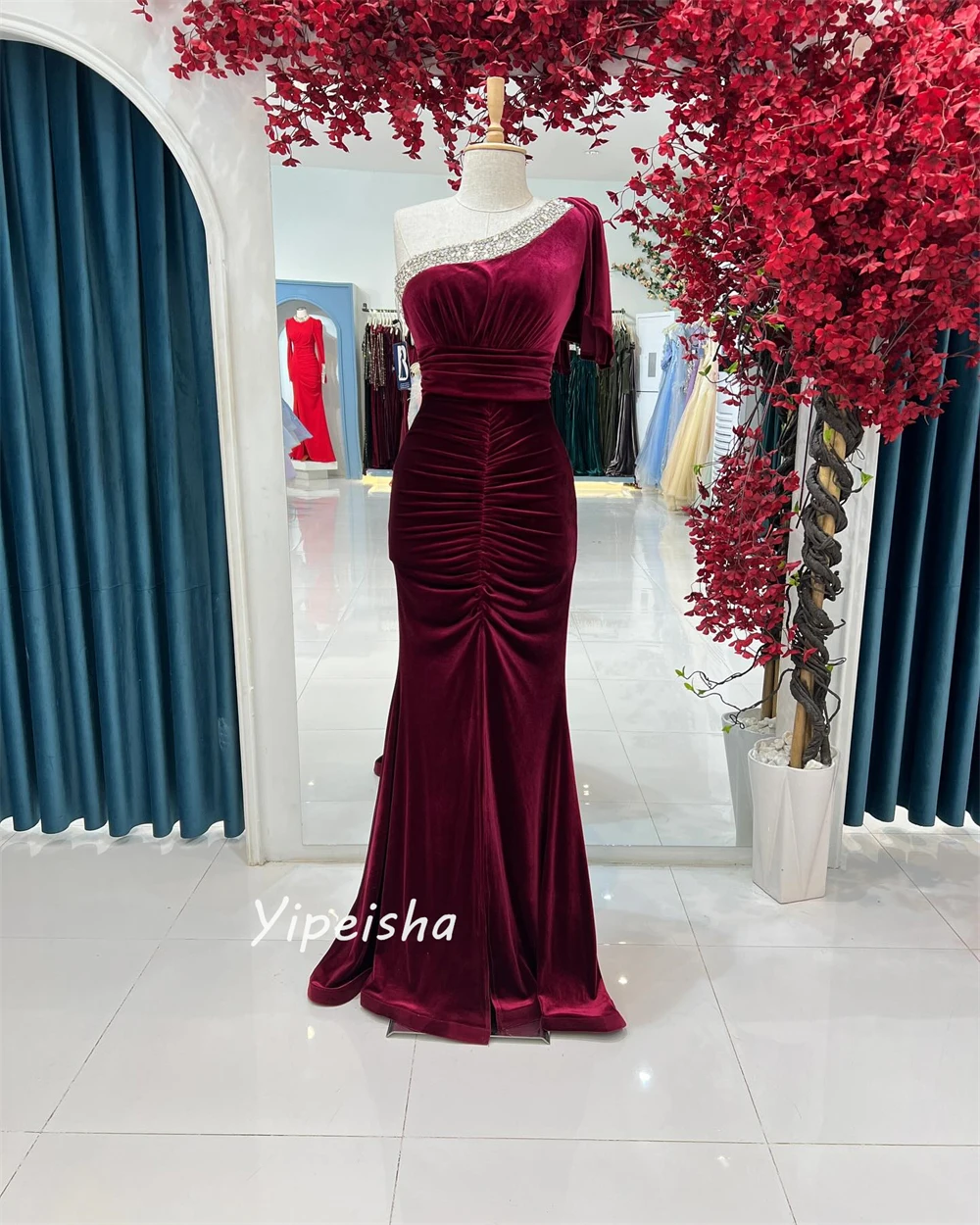 Exquisite Modern Style One-Shoulder A-line Beading Sequined Ruched Floor-Length Velour Evening Dresses