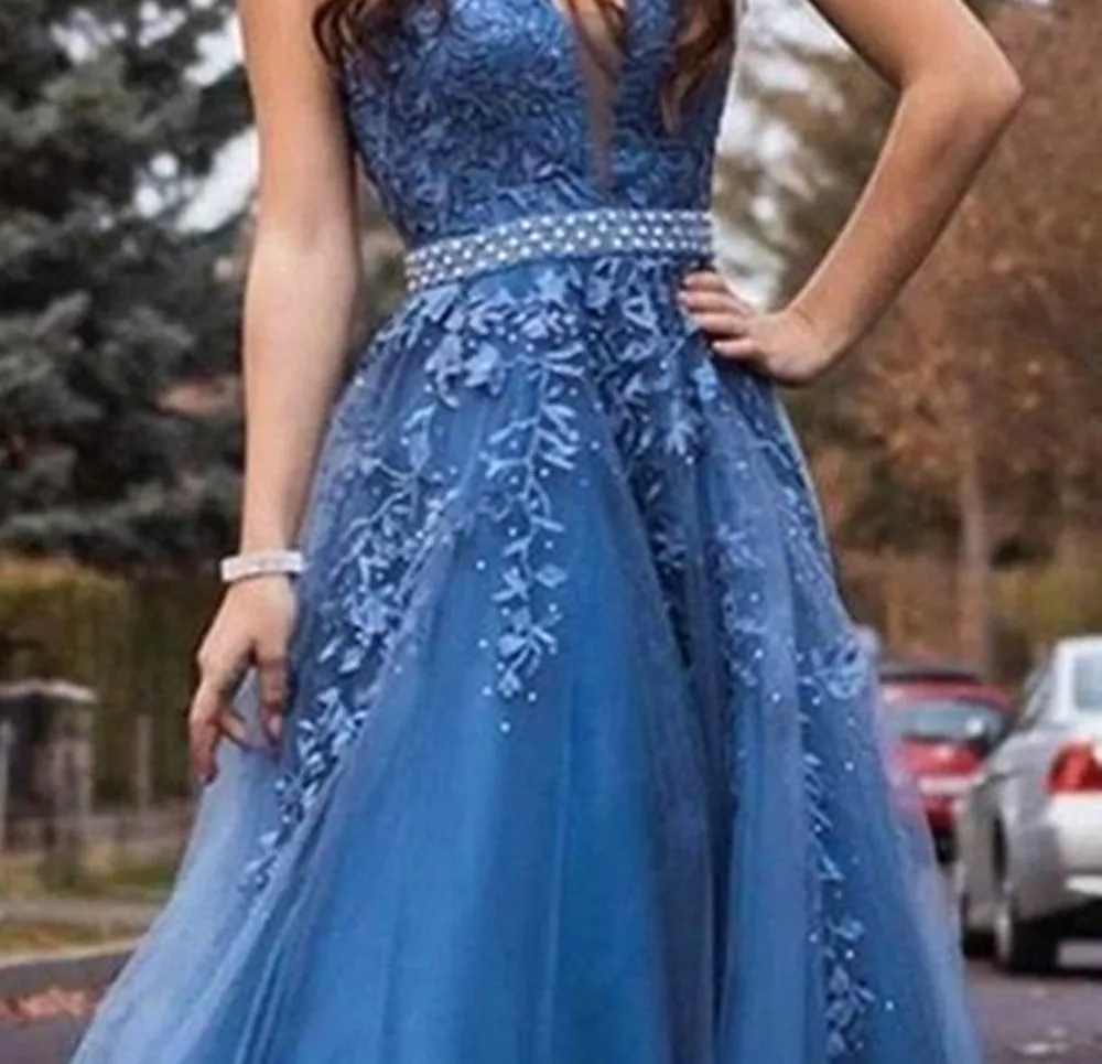 New Fairy Tulle Evening Dress Beaded Lace V-Neck Long Prom Dresses Blue Elegant  A-Line Appliques Sleeveless Robe Soiree