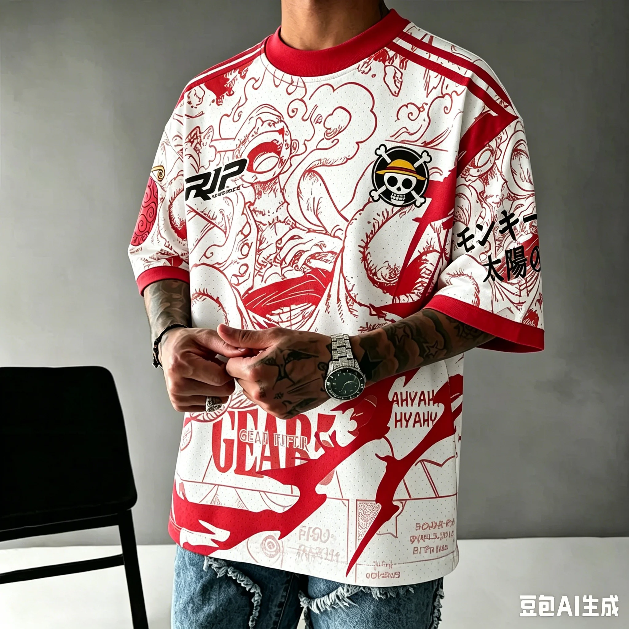 Nueva Camiseta Gráfica de One Piece Luffy Gear 5 Nika para Hombre, Estampado Completo de Cómic, Manga Corta Oversize, Transpirable, de Secado Rápido, Malla, Estilo Y2K
