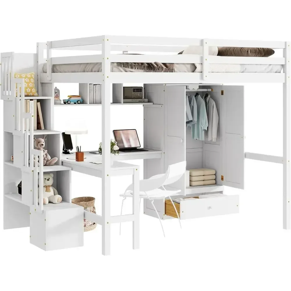 All-in-One Wooden Loft Bed with Desk and Wardrobe, 400lbs Capacity, Space-Saving Study and Sleep Solution, White