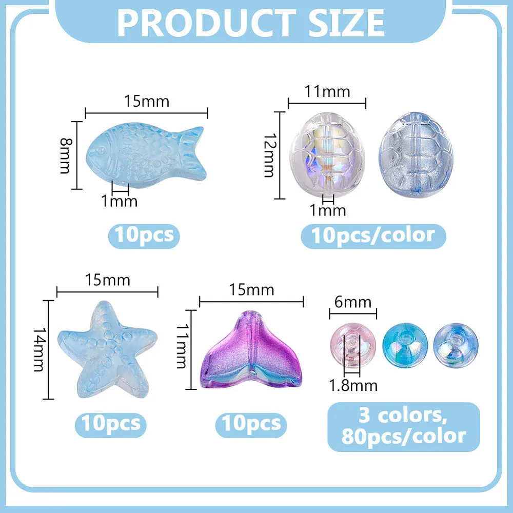 290Pcs Summer Ocean Pearl Beads Glass Fish Beads Transparent Glass Starfish Bead Blue Ocean Sea Animal Bead for Earring Necklace