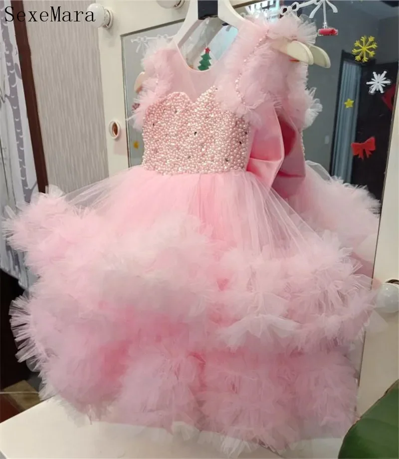 

Flower Girl Dresses Beautiful Pink Flower Girls Dresses Tulle Pearls Knee Length Communion Pageant Gown Birthday Party Dress