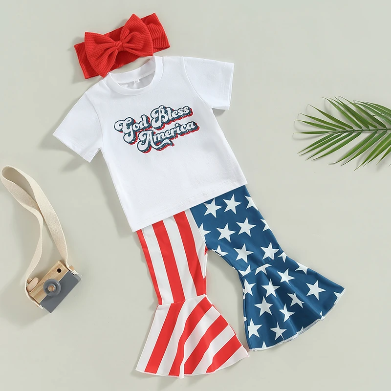 Conjunto de ropa para niñas del 4 de julio, camiseta de manga corta con estampado de bandera americana y pantalones acampanados a rayas con estrellas, conjunto con diademas