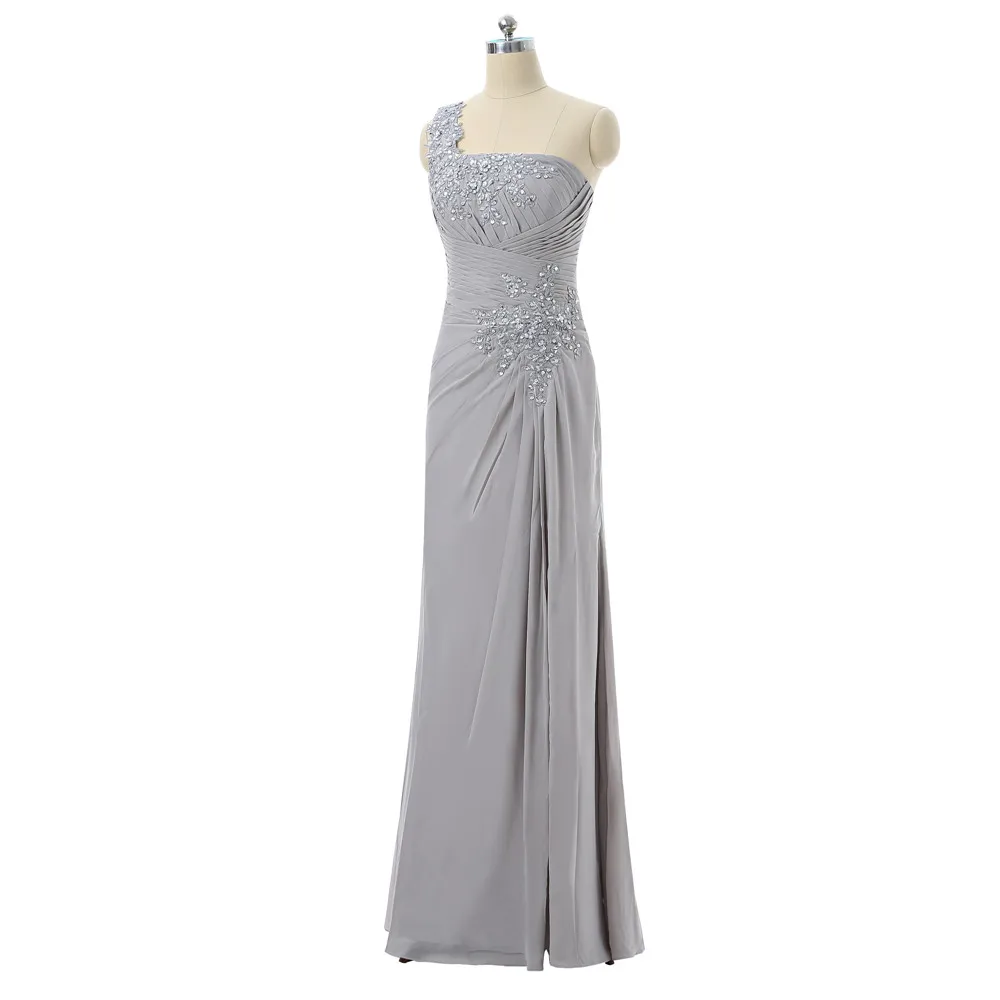 Silver Mother Of The Bride Dresses A-line One-shoulder Chiffon Appliques Beaded Plus Size Long Groom Mother Dresses For Wedding