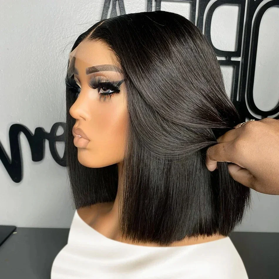 

Soft Natural Black Short Bob Silky Straight Lace Front Wig 180% Density For Black Women With Baby Hair Preplucked Glueless Daily