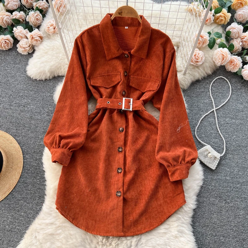 Women Autumn Elegant Corduroy Shirt Dress with Belt 2024 Female Full Sleeved Single Breasted Slim Waist A-line Midi Dresses