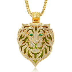 VANAXIN Hip Hop Iced Out Green Eyed Big Tiger Head Pendant CZ Zircon Beast Animal Luminous Necklace Men Women Jewelry