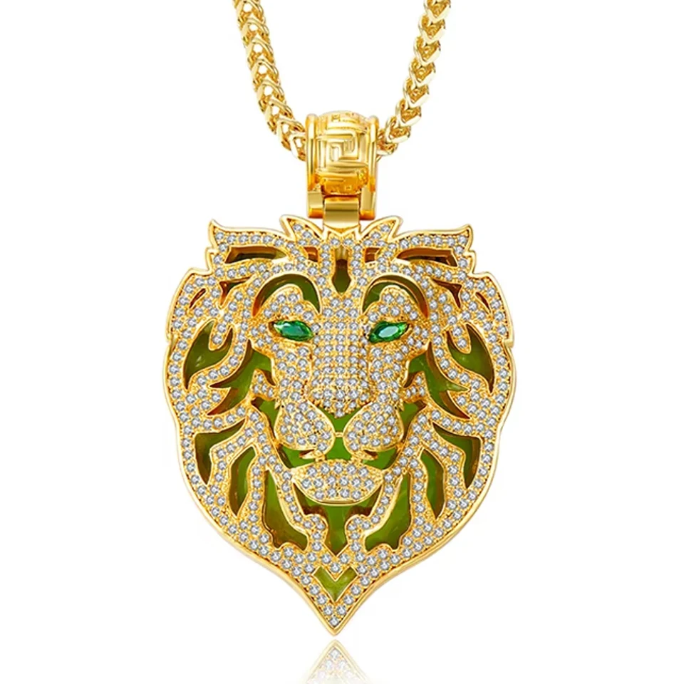 VANAXIN Hip Hop Iced Out Green Eyed Big Tiger Head Pendant  CZ Zircon Beast  Animal Luminous Necklace Men Women Jewelry Gift