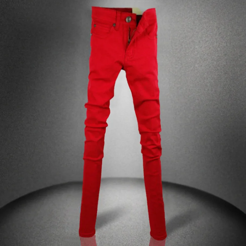 

Hot 2022 Pure Red Teenagers Jeans Men's Slim-fit Stretch Pants Korean Fashion Trendy Tight-fitting Handsome Pencil Trousers