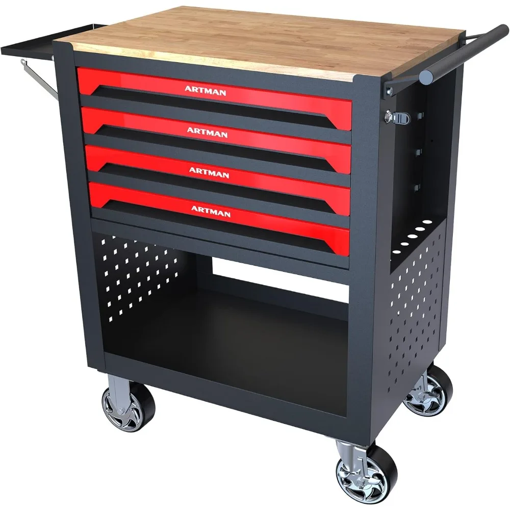 

4-drawer Rolling Toolbox Cart, 4-wheel Tool Storage Cabinet with Adjustable Shelves, Toolbox Cart with Locking System