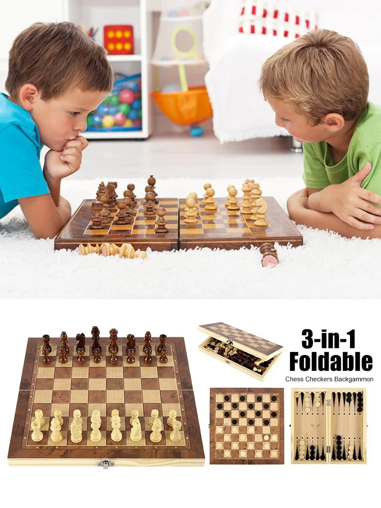 3 in 1 Chess Board Sets Wooden Exquisite Chess Set Chess and Checkers Game Set Travel Chess Sets for Chess Board Game