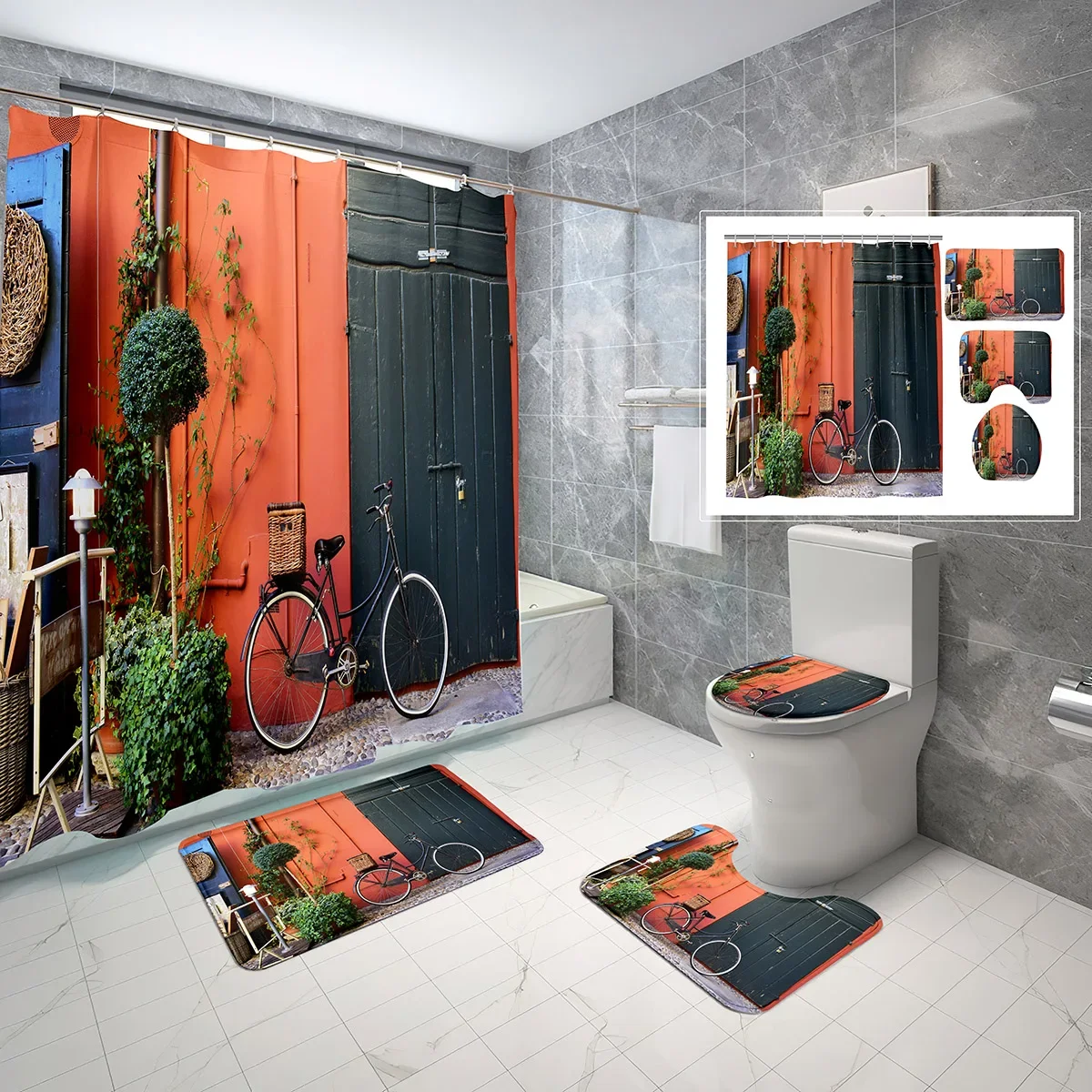 

4 шт., винтажные велосипедные занавески для душа, набор зеленых растений, классический велосипедный нескользящий коврик для ванной, чехол для унитаза, водонепроницаемые наборы занавесок для душа