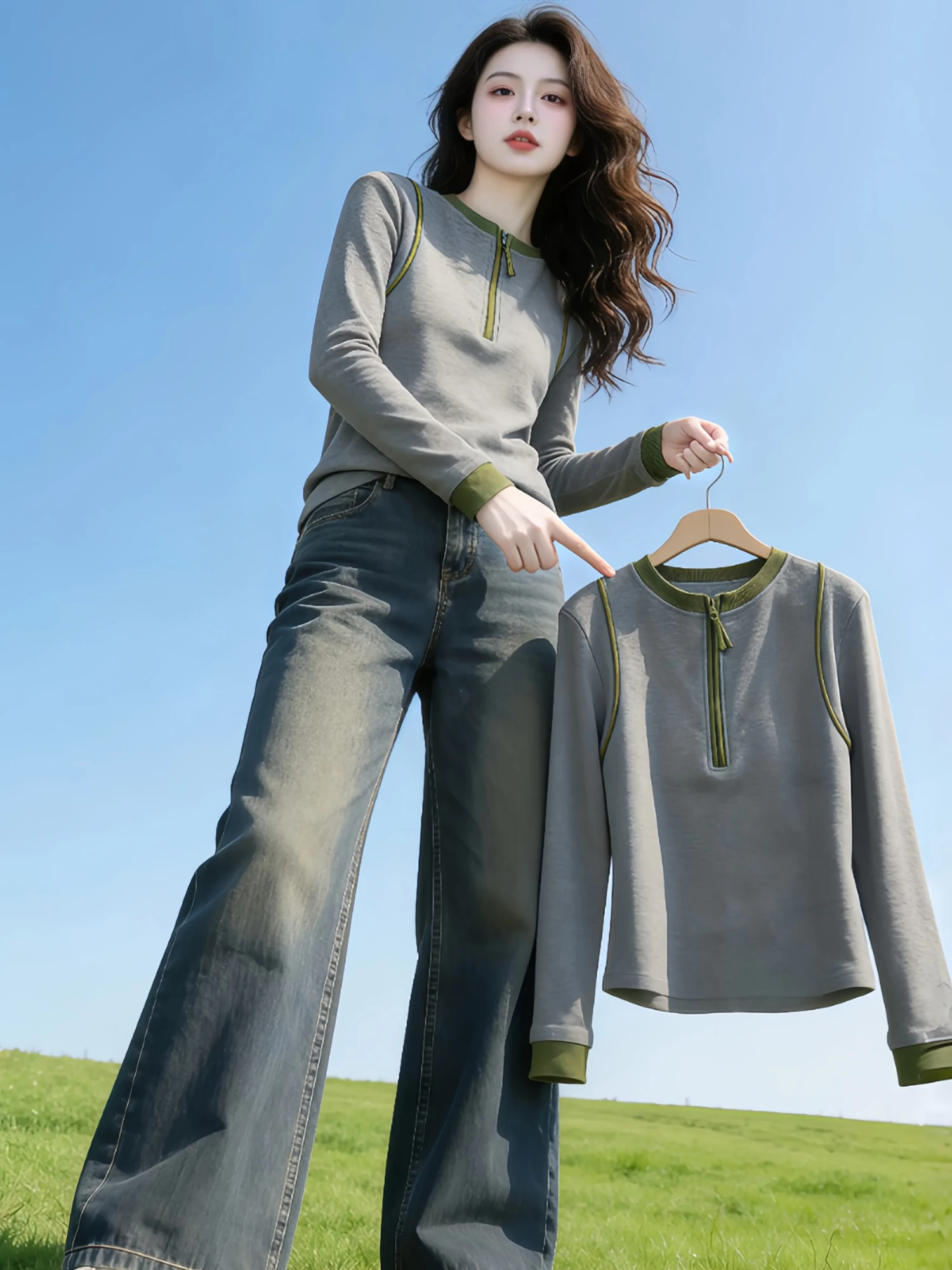 

Gray Contrast Color Half Zipper Slim Fit Long Sleeve T-Shirt Women's 2026 Spring Autumn New Korean Style Simple Exquisite Top