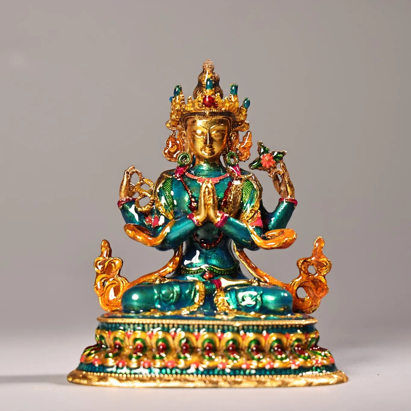 

4"Tibetan Temple Collection Old Bronze Cloisonn Enamel Gilded Four armed Guanyin Buddha Lotus Terrace Worship Hall Town house