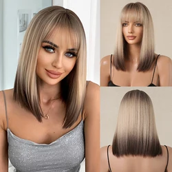 EASIHAIR Ombre Brown Blonde Short Bob Synthetic Wigs with Bangs Natural Straight Daily Cosplay Hair Wig for WomenHeat Resistant