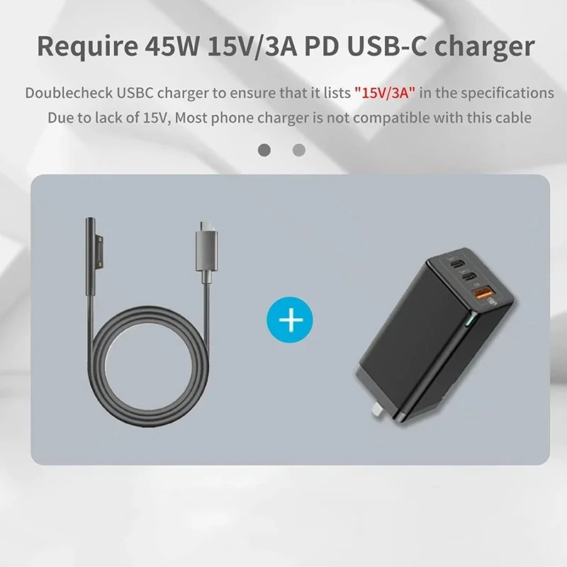 1.5M USB-Cชายพื้นผิวชายสายชาร์จPD 15V/3A 45Wใช้งานร่วมกับSurface Pro 7/6/5/4/3 go3/2/1 Laptop4/3/2/1