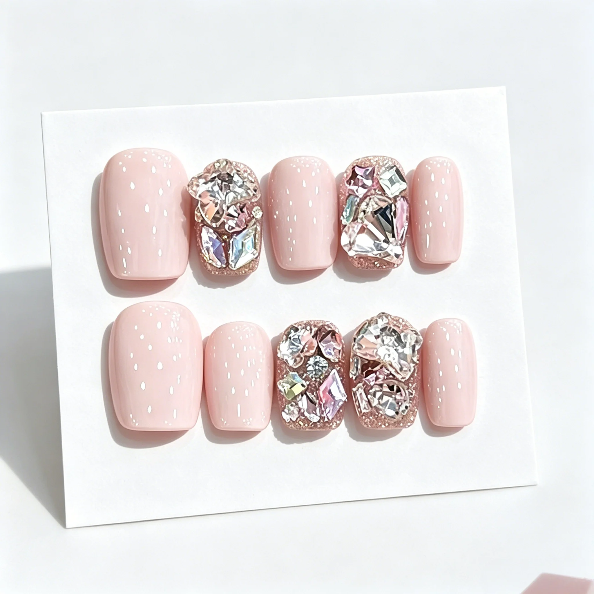 10pcs Baby Pink Handmade Nails White Dots Luxury Rhinestone Press on Nail Short Square False Nail for Women&Girl Fake Nail