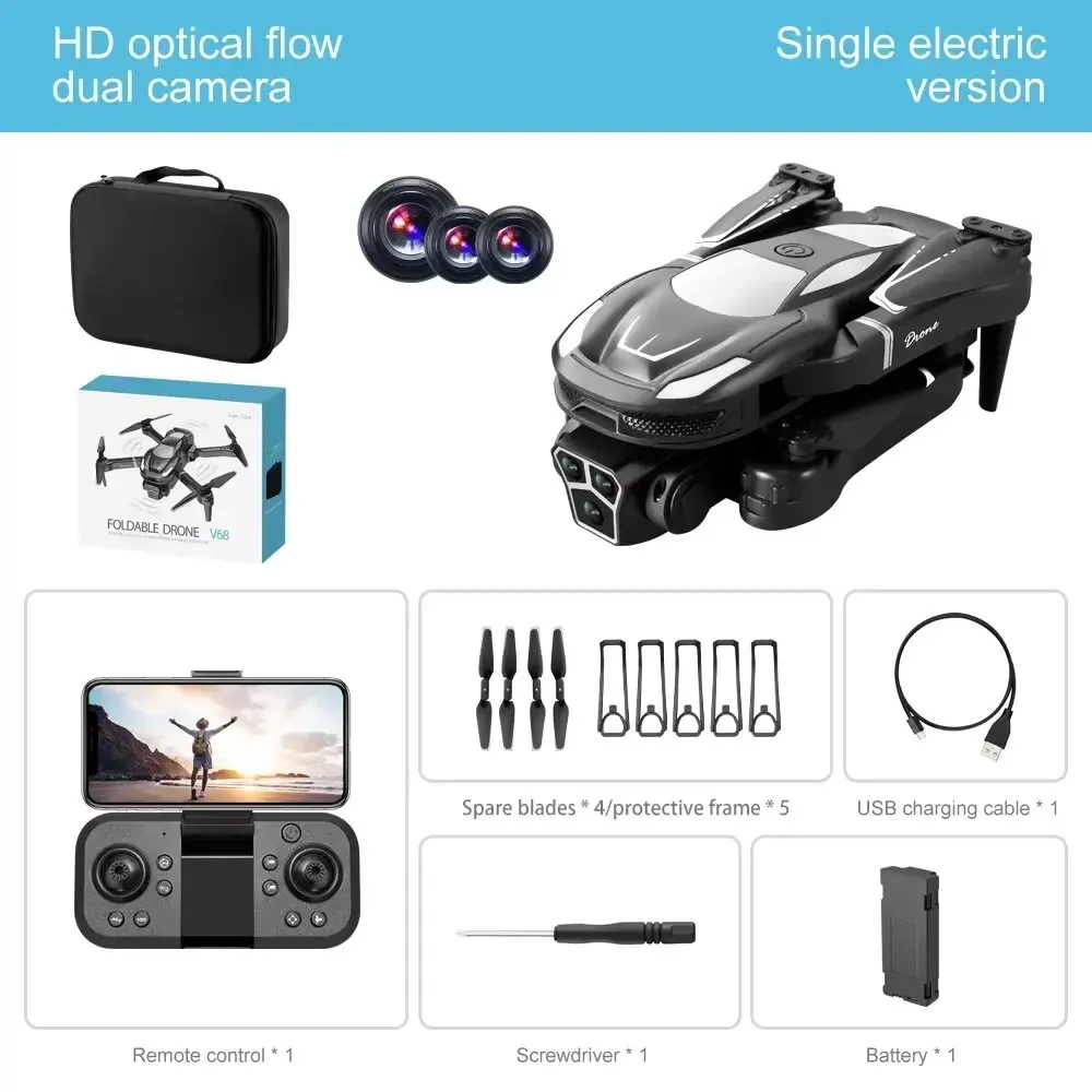 Kids RC Toy Drone V68: 8K HD, 4K EIS Camera, Foldable Design, Obstacle Avoidance Quadcopter for Children