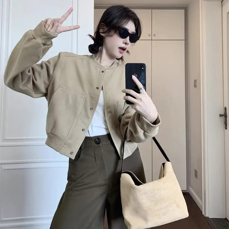 Khaki Woolen Baseball Jacket Short Jacket for Women in Spring and Autumn 2025 New Small Short Style High-end and Elegant Coat WF