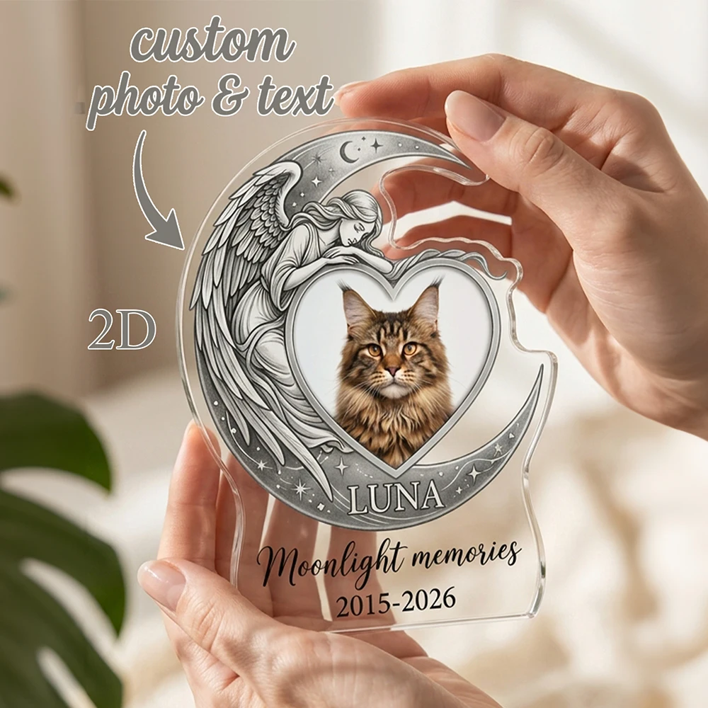 Personalized Custom Pet Memorial Acrylic Plaque,Crescent Moon Heart Angel Design,Tribute Sympathy Gift,Grieving Pet Parents