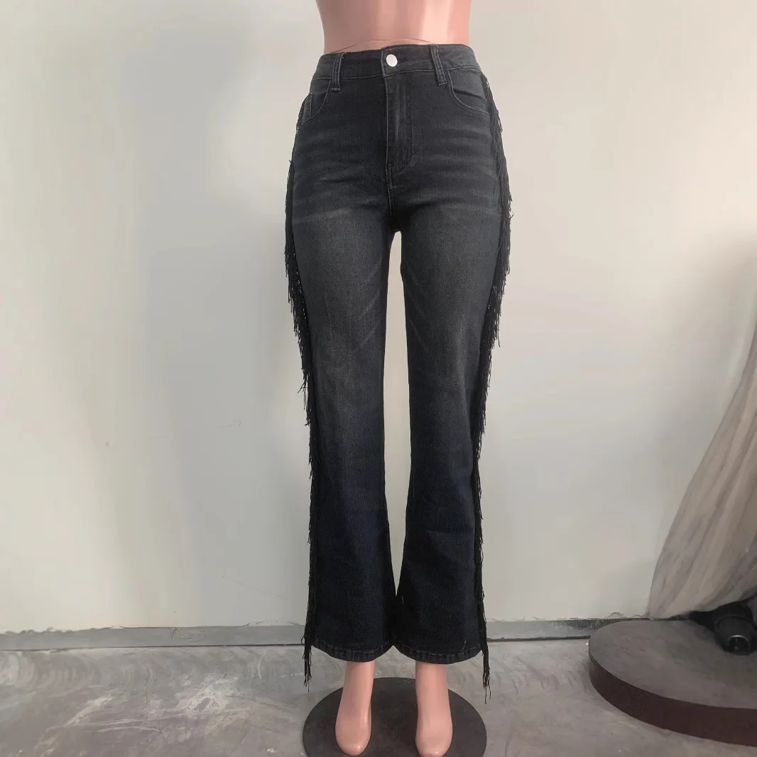 Jean droit en Denim pour femmes, fermeture éclair, taille haute, pantalon délavé, pompon épissé, ample, décontracté, longueur cheville