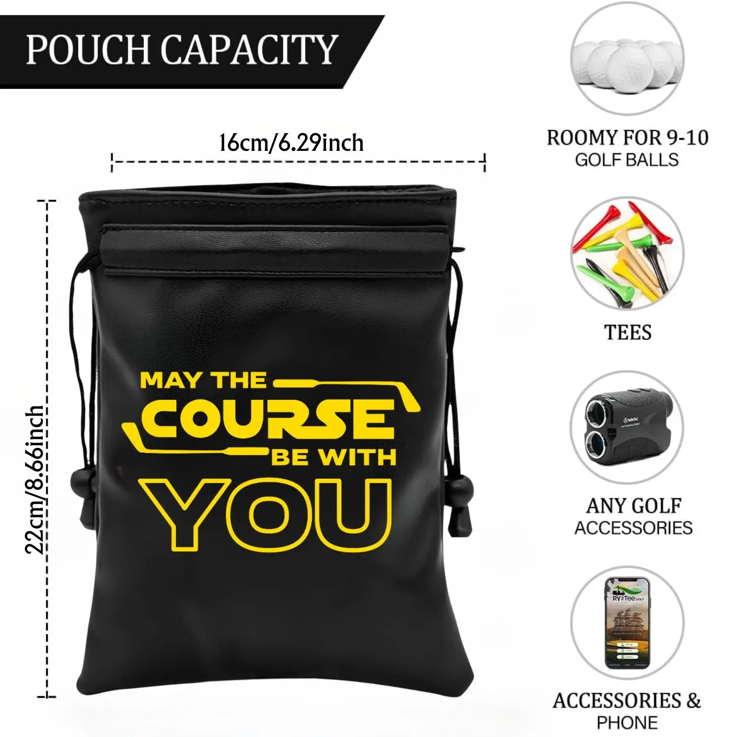 Funny Golf Valuable Item Bag, Funny Golf Valuables Pouch Golf Tee Pattern, PU Leather Golf Tee Pouch with Drawstring Closure