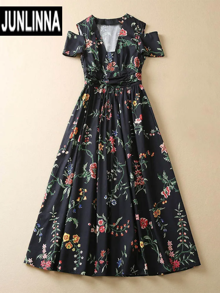 

JUNLINNA Fashion Women Runway Dress 100% Cotton Flower Printing Short Sleeve Shoulder Hollow Out Party Holiday Vestidos