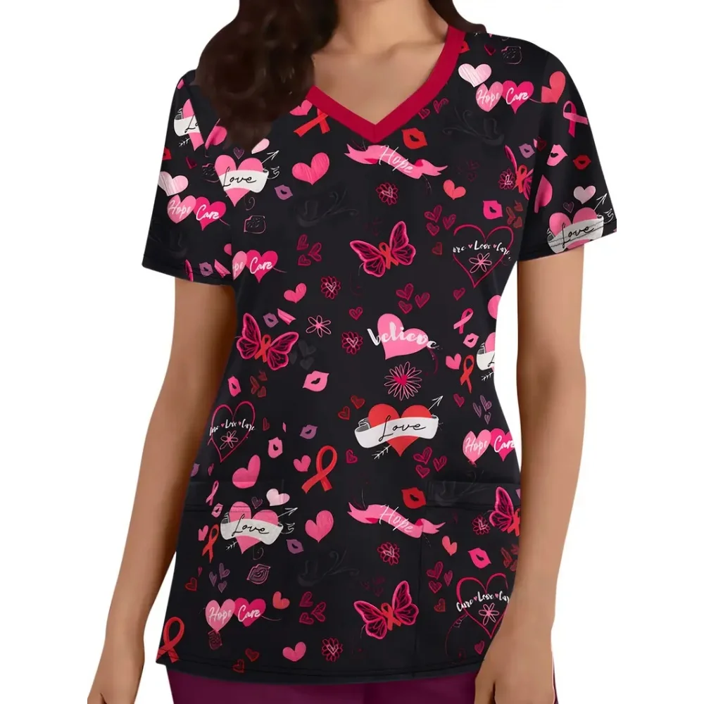 

Fashion Heart Print Surgical Uniforms Woman V-Neck Health Care Clinical Uniform Summer Short Sleeve with Pockets Scrubs Woman