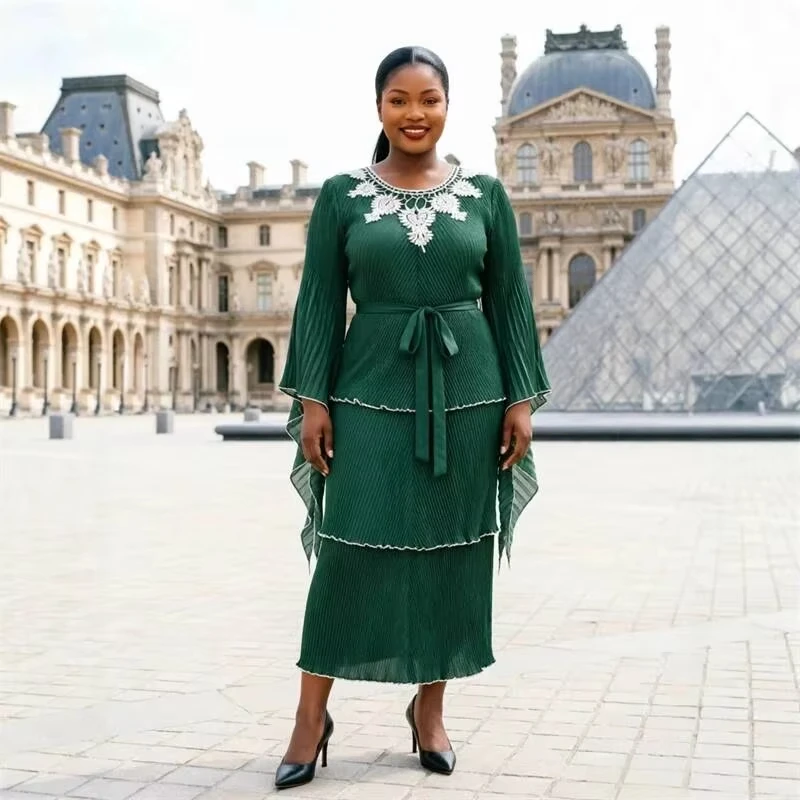 ANLAN Lace Embroidery Women's Pleated Dress Stylish Bell Long Sleeves Elegant Lace Up Design Round Collar Dresses 2026 New