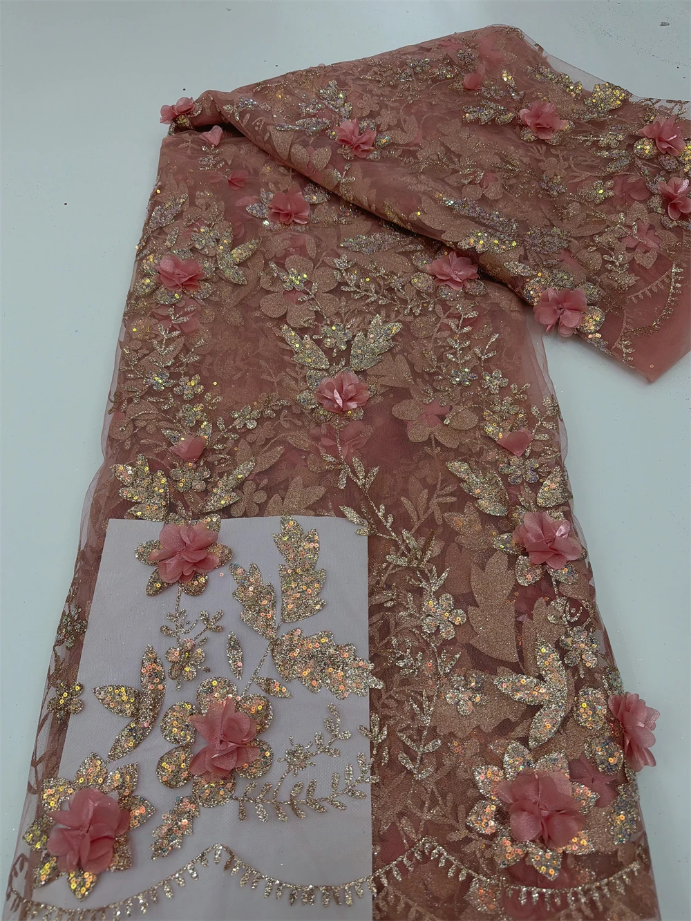 

African Lace Fabric Embroidered Sequined Nigerian Lace Fabrics 3D flowers High Quality French Tulle Lace Fabric For Dress Sewing