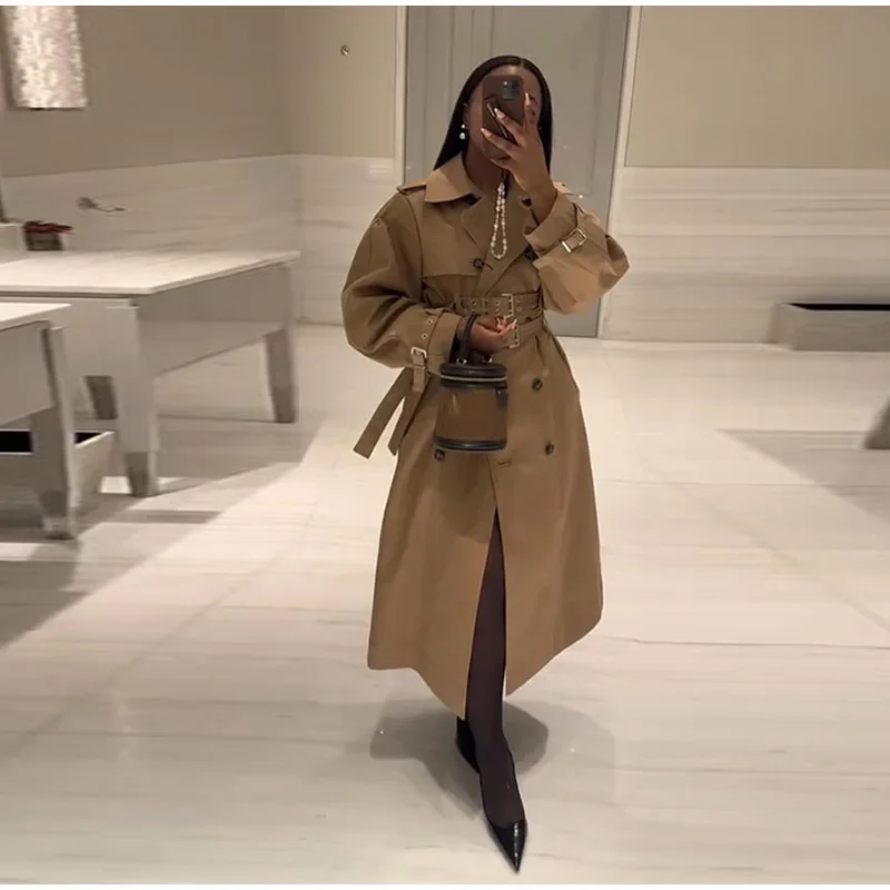 Chic Elegant Women's Maxi Trench Coat Oversized Belted Double-Breasted Vintage Lapel Long Windbreaker Autumn New Fashion Outerwe