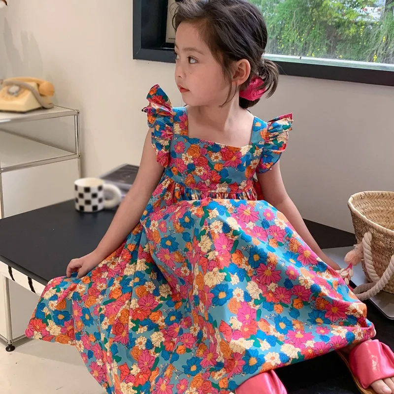 Summer Baby Girl’s Dress Ruffles Square Neck Fly Sleeve Children Clothing Dress Flower Print A-line Sweet Princess Dress Costume