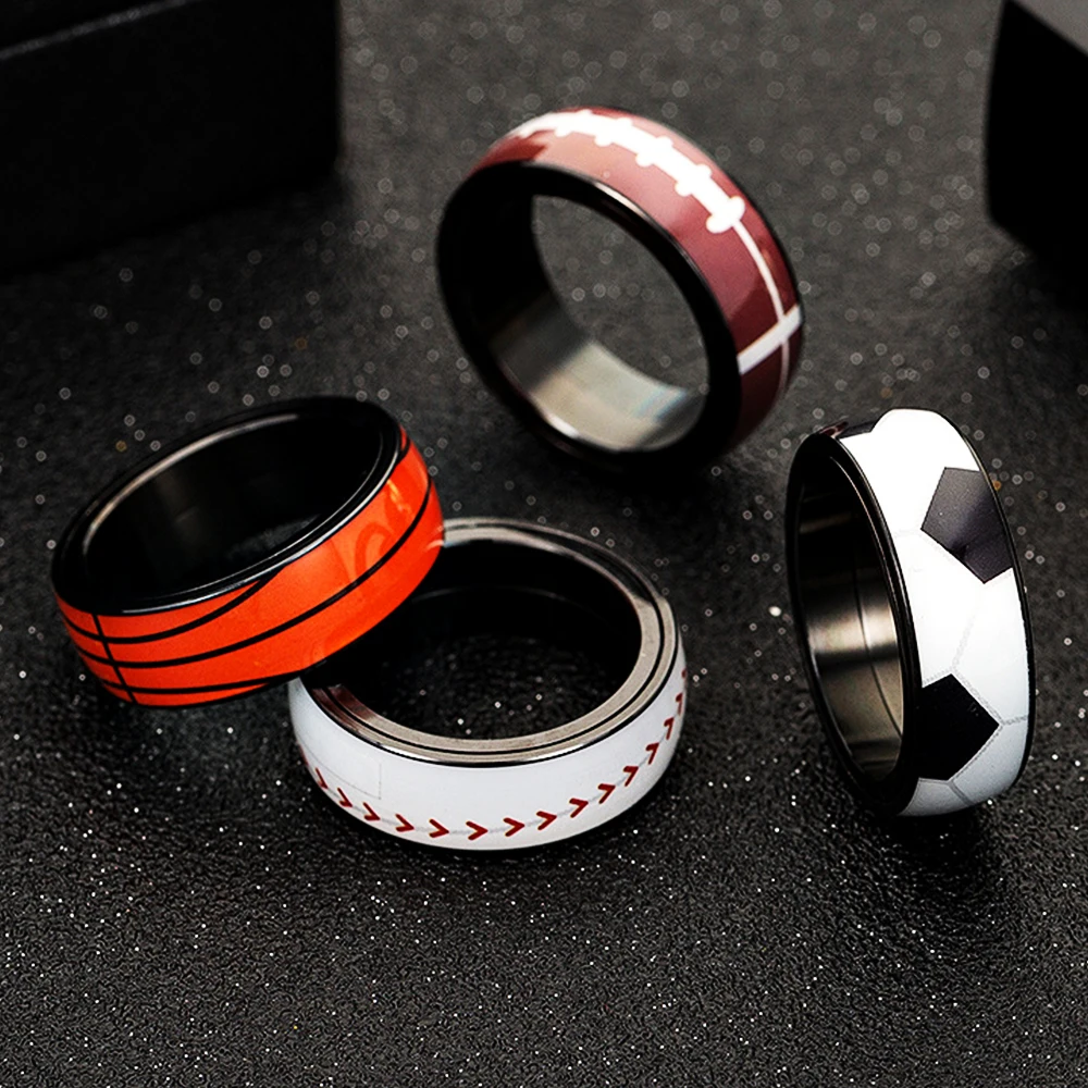Football Basketball Baseball Rugby Stainless Steel Anxiety Ring Women Men Fidgets Spinner Rings Engagement Bands Jewelry