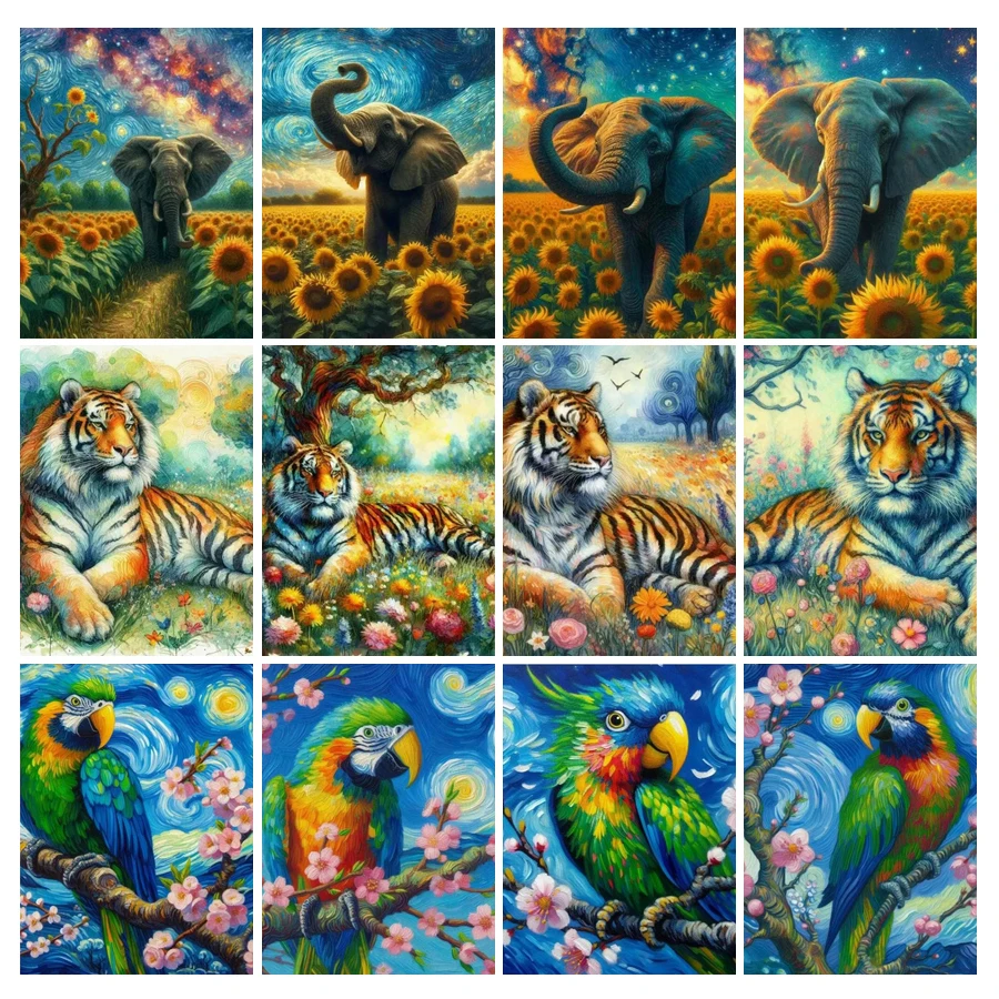 Sunflower Elephant Diamond Painting Diy Full Rhinestone Embroidery Tigers And Parrots Mosaic Picture Animals Wall Decor AA5128