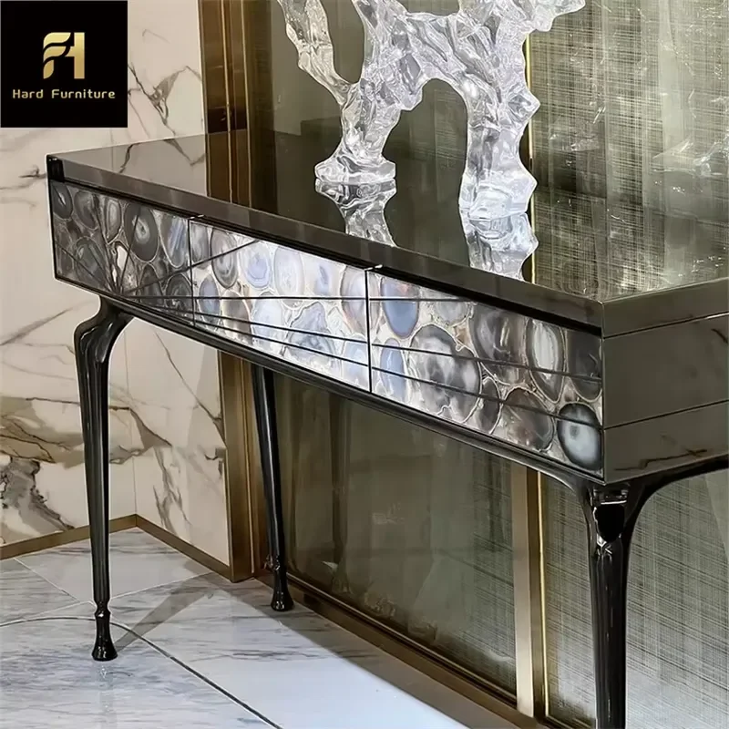 Italian Style Entrance Cabinet Metal Console Table With Agate Stone Gemstone Drawer Panel