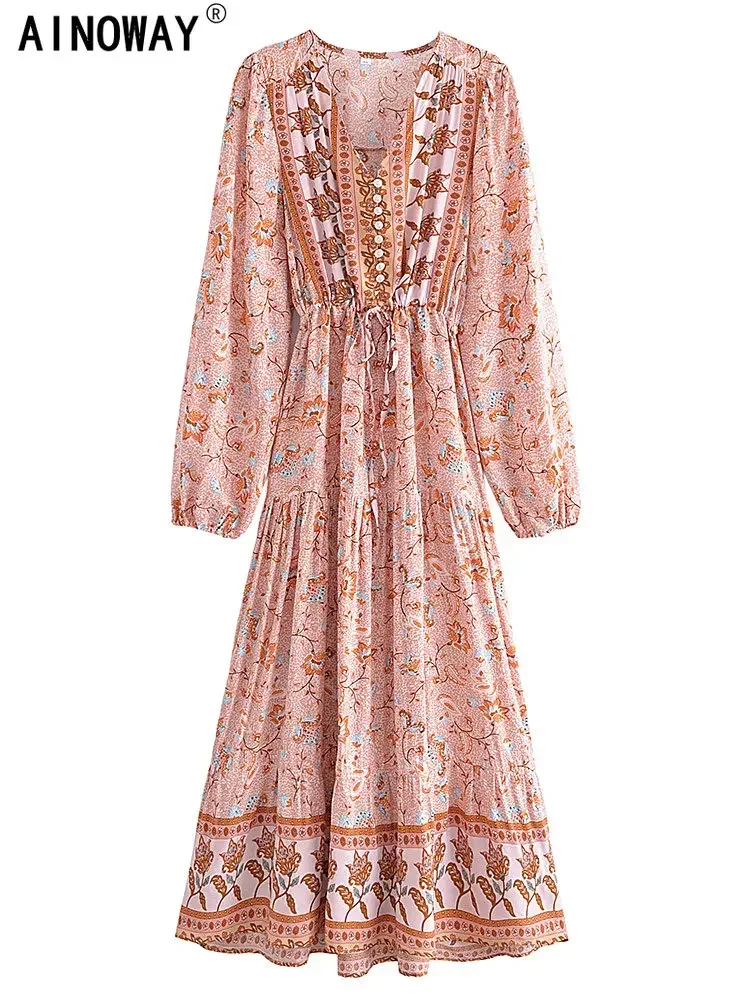 Vintage Chic Women Lantern Sleeve Pink Floral Print Beach Bohemian V-neck Maxi Dresses Ladies Rayon Summer Boho Dress Robe