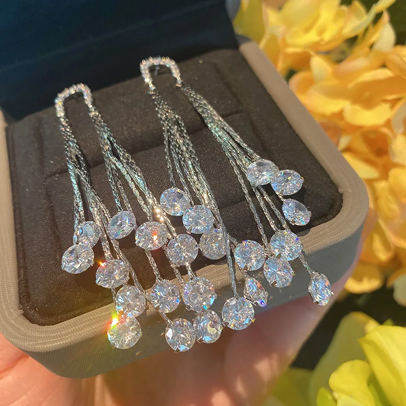 Drop Earrings For Women Solid 925 Needles Long Cubic Zirconia Tassels Temperament Luxury Earring Creative High Quality