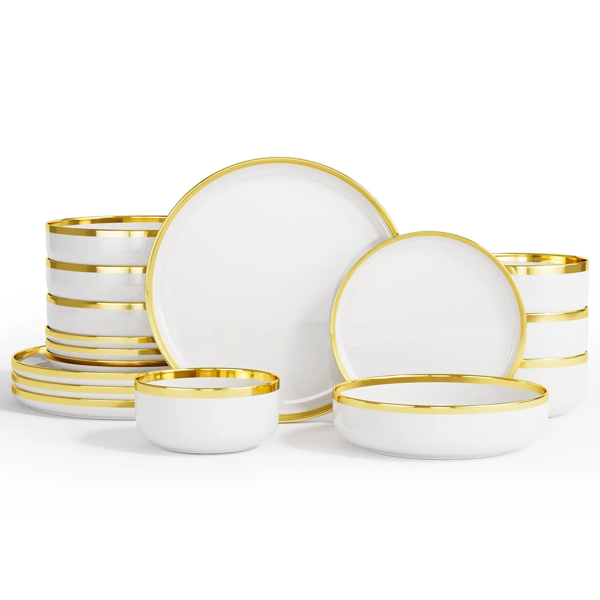 Juego de Platos y Tazones de Cocina, Juego de Vajilla de Porcelana de 16 Piezas para 4 Personas, Juego de Platos de Cerámica Hechos a Mano con Borde Dorado, Blanco, No apto para microondas