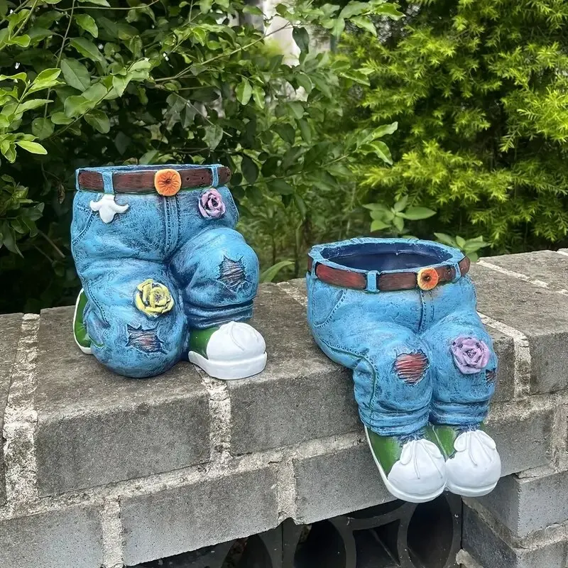 1pc Jeans Pantaloni Forma Vaso di Fiori Statua in Resina, Vaso Succulente Fioriera per Giardino Interno Cortile Prato Portico Patio Esterno