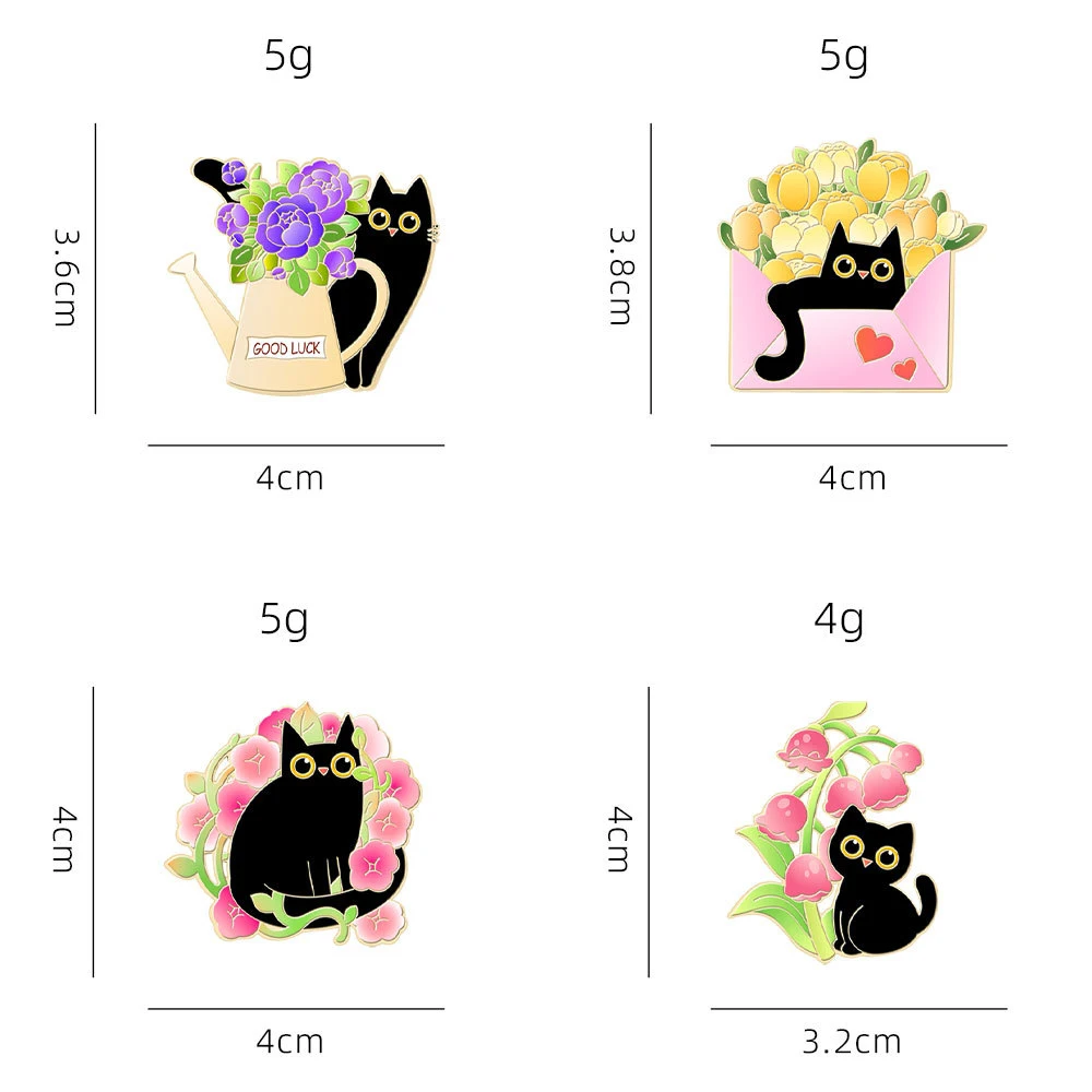 Cute Flower Black Cat Enamel Brooches Lapel Pins Good Luck Water Bottle Lily Peony Tulip Envelope Cat Animal Badge Jewelry Gift