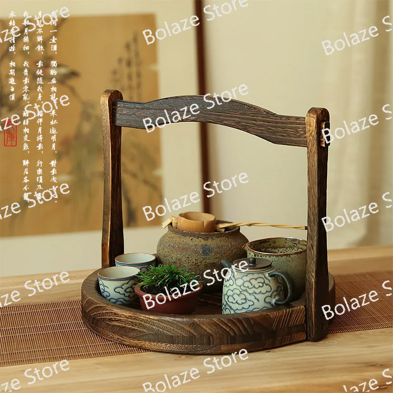

Деревянный поднос для чая Paulownia, винтажная корзина из массива дерева, поднос для фруктов, круглый поднос с ручкой для чайной церемонии в отеле