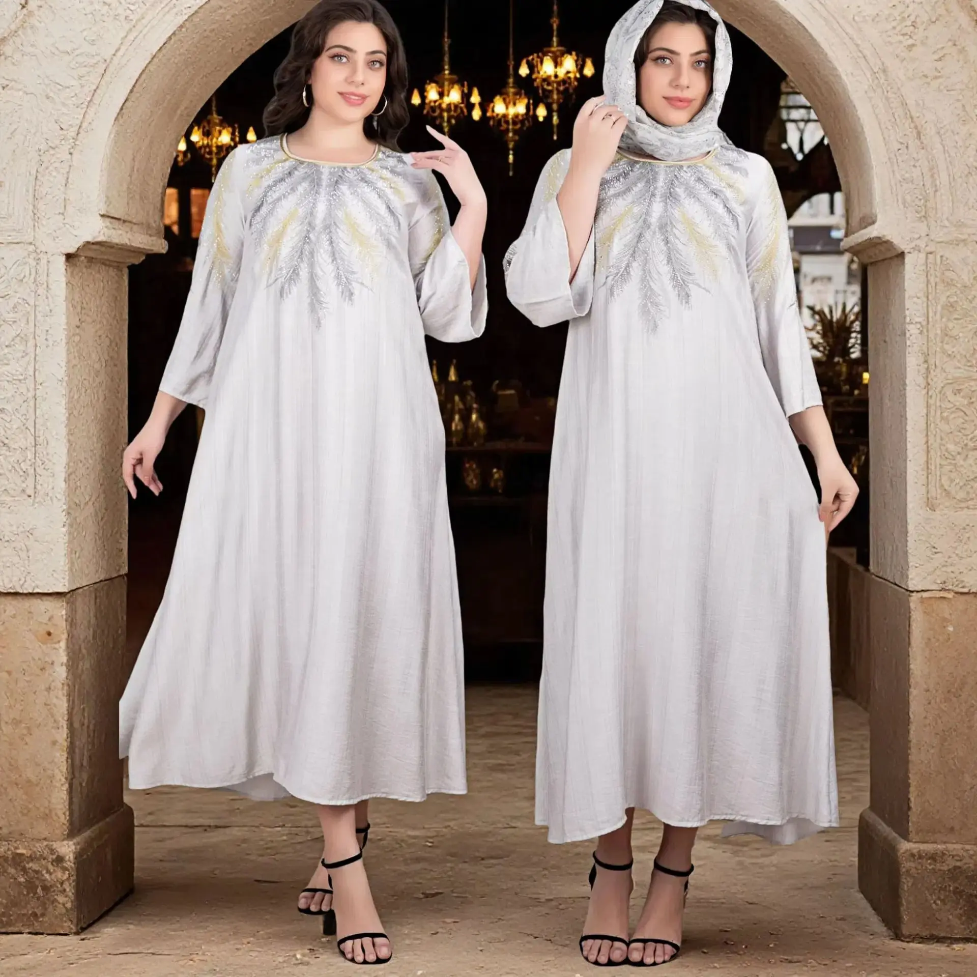 Europeo Americano Nuova Moda Donna Taglie Forti Casual Alla Moda Allentato Semplice Basic Elegante O-Collo Manica Lunga Abaya Abiti Musulmani