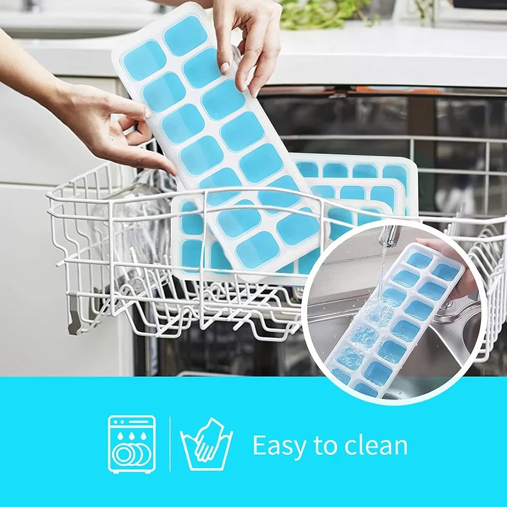 Ice Cube Mold with Removable Lid, Easy-Release Flexible 14-cube Trays,BPA Free,Stackable Covers for Cocktail,Freezer