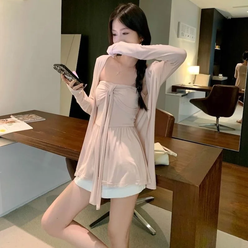 Women Cardigan + Strapless Ribbon Cami Top 2 Piece Set Lady Pink  Halter Sweet  Top Female Date Vacation Top
